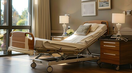 Comfortable Hospital Bed in Modern Healthcare Room with Natural Light and Adjustable Features