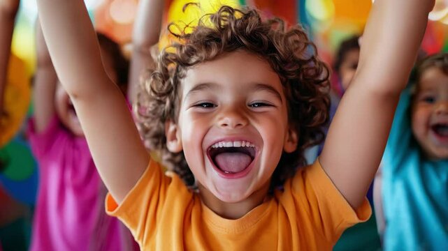 Joyful child with curly hair celebrating happiness in colorful environment, surrounded by playful kids, creating vibrant atmosphere filled with fun and smiling faces.