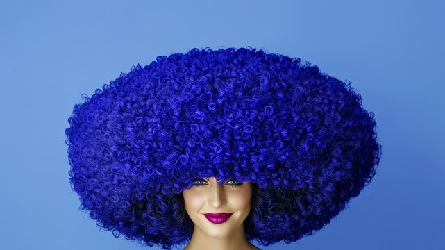 Verspieltes Fashion-Konzept: Junge Frau mit trendiger Pilzkopf-Frisur in intensivem Blau, posiert k&uuml;nstlerisch vor monochromatischem Hintergrund mit cooler Attitude