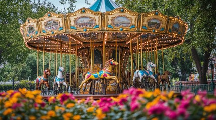 Vintage carousel in a public park filled with flowers background