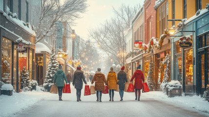 Holiday shopping scene with people carrying gift bags and decorated storefronts