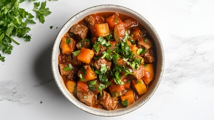 Beef Stew with Root Vegetables and Parsley in a White Bowl