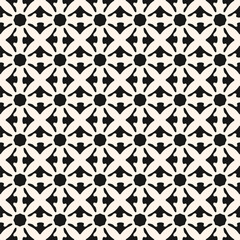 Vector seamless pattern with ethnic folk motifs. Simple black and white floral geometric ornament. Monochrome background texture with flower silhouettes, grid, lattice, crosses. Repeating geo design