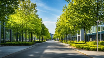 Obraz premium Wide avenue lined with trees and modern architecture background