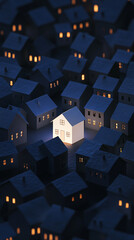 Fototapeta premium White house is glowing among dark houses in a neighborhood at night, symbolizing hope, opportunity, or a unique property