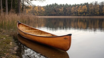 Wooden canoe on tranquil lake surrounded by trees background