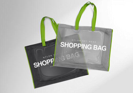 Pair of Net Nylon Mesh Shopping Totes Top View Mockup