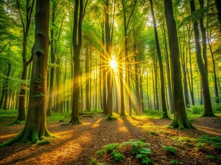 Obraz premium Enchanted Forest Canopy with Golden Sunlight Filtering Through Lush Green Leaves - Long Exposure Photography