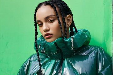 A woman with dreadlocks is wearing a green jacket