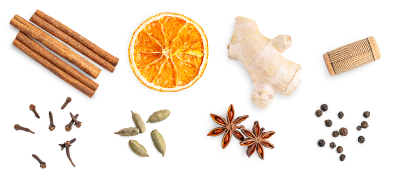 Top view of group or collection of mulled wine spices mixture consists of cinnamon sticks, orange citrus slice, cloves, anise star, cardamom, fresh ginger, cork and black pepper isolated on white