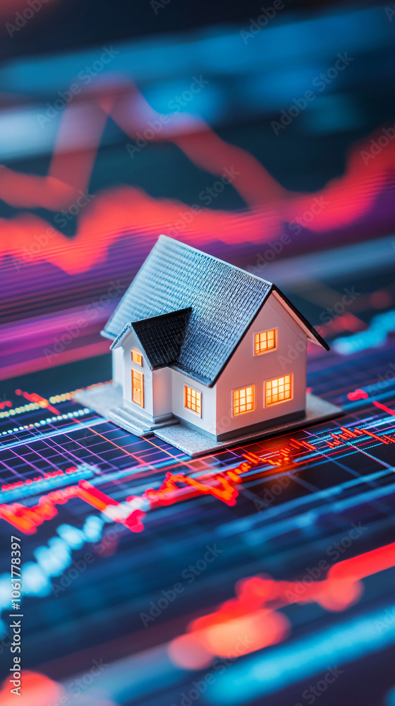 Aufkleber Tiny home sits atop a computer keyboard against a backdrop of red and blue graphics symbolizing the real estate market