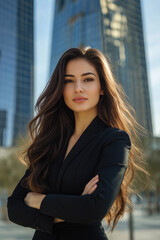 Fototapeta premium Beautiful elegant young woman businesswoman on the background of a skyscraper. Modern businesswoman entrepreneur
