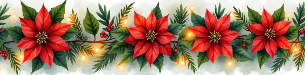 Vibrant Watercolor Depiction of a Christmas Garland with Poinsettias and Radiant Lights
