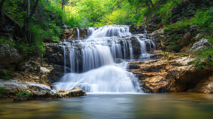 Obraz premium Serene waterfall cascading through lush greenery in a tranquil forest setting