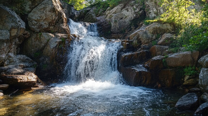 Serene waterfall cascading through lush greenery in a tranquil forest setting