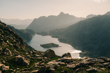 Mountain lake Lac de Mar in Aiguestortes and Sant Maurici National Park, GR11 long-distance hiking trail, Pyrenees, Europe