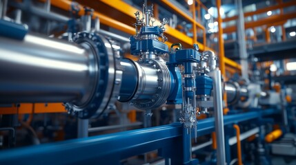 Fototapeta premium Close-up View of a Complex Industrial Machine with Blue and Silver Components in a Factory Setting