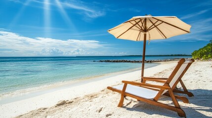Obraz premium Beach chair and umbrella on sandy shore sunny background