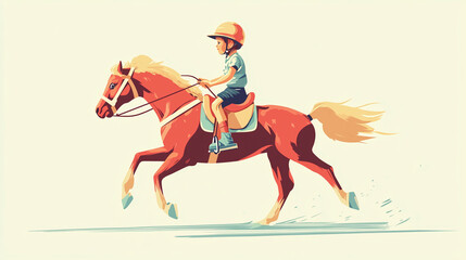 A child wearing a helmet rides a chestnut pony at a steady trot across an open landscape, showcasing the joy of horseback riding under clear skies.