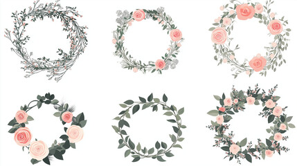 A set of vector illustrations featuring botanical wreaths composed of wild and garden plants.