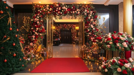 Beautifully designed entrance to a New Year gala with floral arrangements background