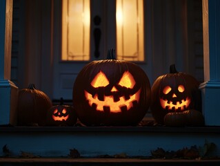 Lighted Jack-o-Lanterns with Intricate Carvings on a Front Porch Steps at Dusk