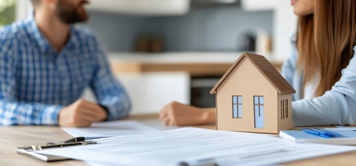 A couple signs a document on a table, with a model house sitting in front of them.
