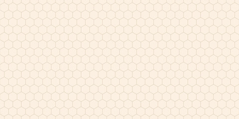 Hexagon grid vector seamless pattern. Subtle gold lines texture, delicate minimalist lattice, mesh, net, honeycomb, hexagons. Abstract minimal gold and beige geometric background. Hexagonal design