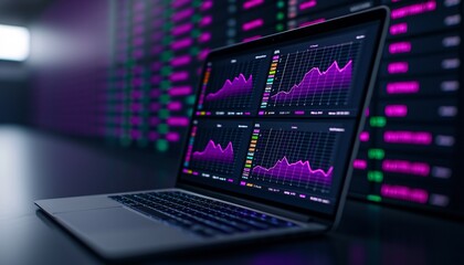 Obraz premium Modern Data Visualization Dashboard on Laptop in Contemporary Workspace