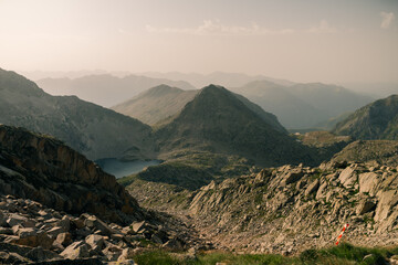 Mountain lakes in Posets Maladeta national park, Vielha valley in Spanish Pyrenees, GR11 hiking trail, Europe