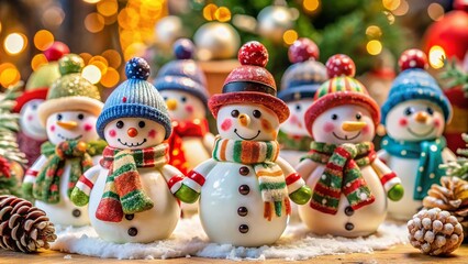 Fototapeta premium Festive Ceramic Snowmen with Colorful Hats and Scarves for Holiday Decor and Winter Celebrations