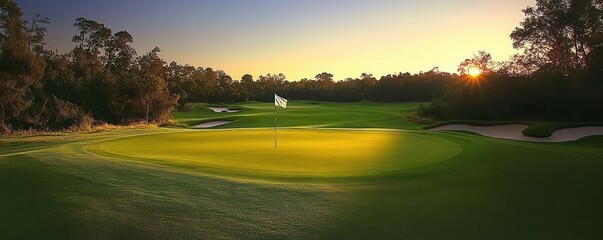 A serene golf course at sunset, featuring a flag on the green, surrounded by trees and soft lighting, creating a peaceful atmosphere.