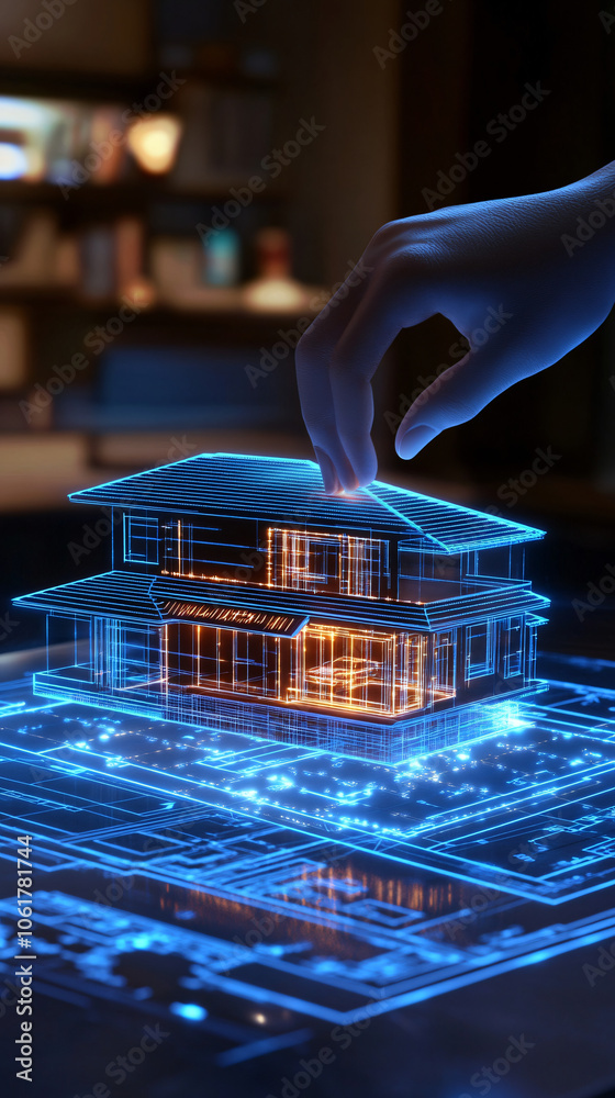 Poster architect is touching a glowing 3d model of a house in augmented reality software