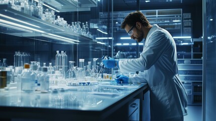 A Chemist in a Lab Coat Works in a Modern Laboratory Examining Samples with Test Tubes and Pipettes, Conducting Scientific Research and Experiments.