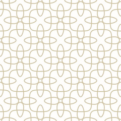 Golden minimal vector seamless pattern. Abstract linear ornament texture with grid, lattice, mesh, squares, flower silhouettes, leaves. Simple gold and white geometric background. Repeated geo design