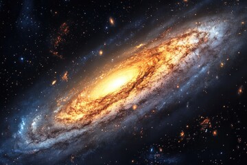 Fototapeta premium A Spiraling Galaxy in Deep Space with Bright Stars and Dust Clouds