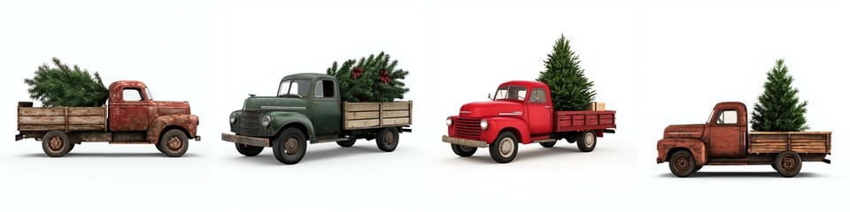 Vintage trucks carrying Christmas trees, white isolated background.