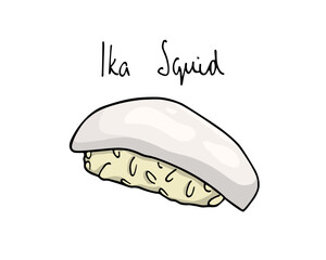 Vector illustration of hand drawn nigiri sushi with squid slice. Beautiful food design elements, perfect for any business related to the food industry.