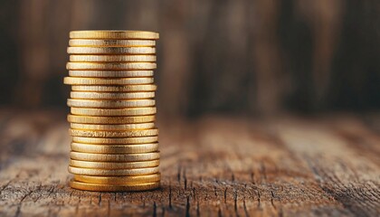 Financial Growth Concept - Stack of Gold Coins with Rising Graph on Wooden Surface