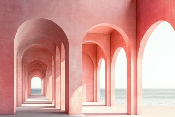 pink arches on the beach, with a symmetrical composition and minimalist architecture - Powered by Adobe