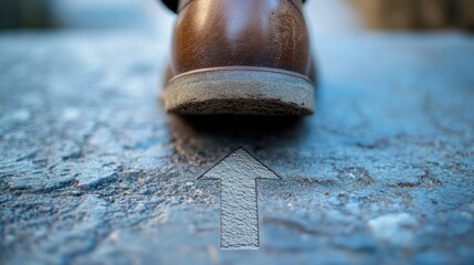 Close-up on business shoe taking a step, arrow symbol subtly in background, focus on determination, [representing upward growth] 