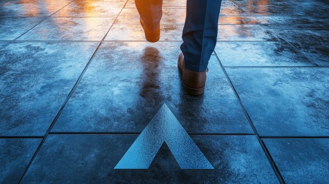 Businessman stepping onto first step, faint upward arrow reflection, concrete and glass setting, dawn lighting, [starting career growth] 