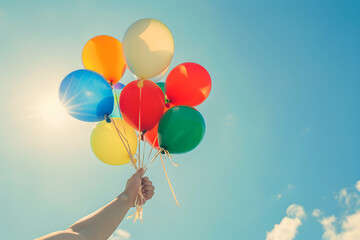 A person's hand holding colorful balloons against the sky, with sunlight filtering through the clouds