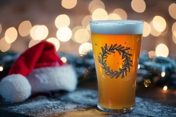 Festively decorated beer glass sits beside a Santa hat with holiday lights glimmering in the background. Christmas and New Year greetings. With copy space. Greeting from the brewery