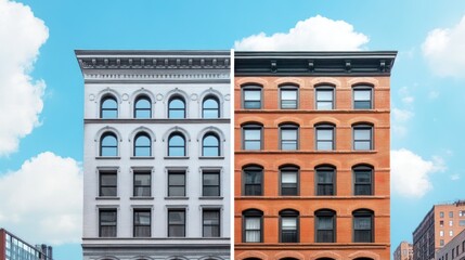 Fototapeta premium Two identical buildings with different facades. One is white and the other is red brick.