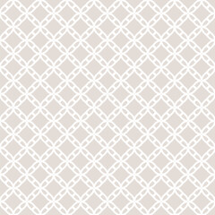 Subtle minimal grid ornament. Vector abstract beige and white geometric seamless pattern with lattice, diamond shapes, flower silhouettes, net. Simple elegant background texture. Repeating geo design