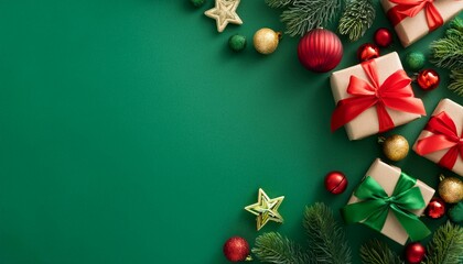 Fototapeta premium Christmas Eve concept. Top view photo of gift boxes with ribbon bows green red baubles gold star ornaments and pine branches on isolated green background with copyspace in the middle