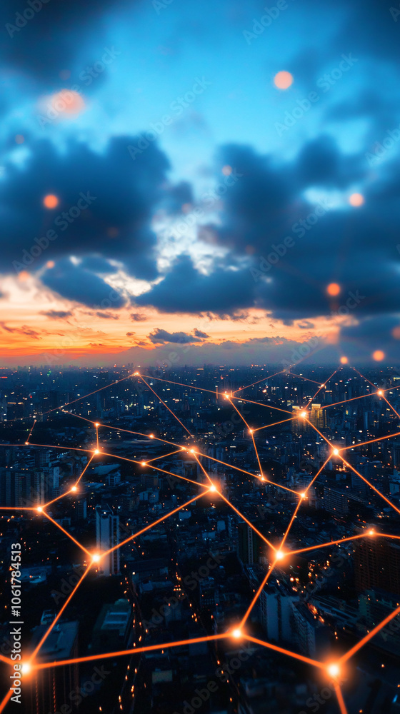 Aufkleber the setting sun illuminates a network connecting city buildings, showcasing data flow. vibrant eveni