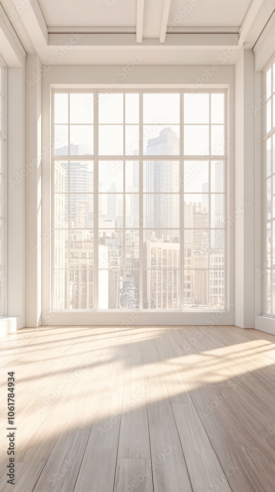 Aufkleber sunlight is shining through the panoramic windows of an empty office with wooden floors