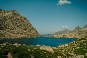 Obraz premium Mountain lakes in Posets Maladeta national park, Vielha valley in Spanish Pyrenees, GR11 hiking trail, Europe